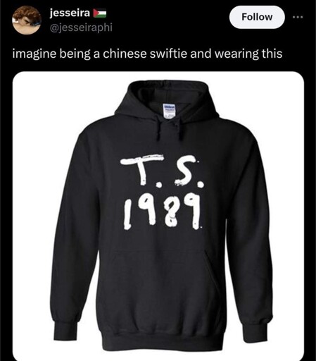 tweet. image of a Taylor Swift 1989 hoodie (that says "T.S. 1989"). "imagine being a chinese swiftie and wearing this"