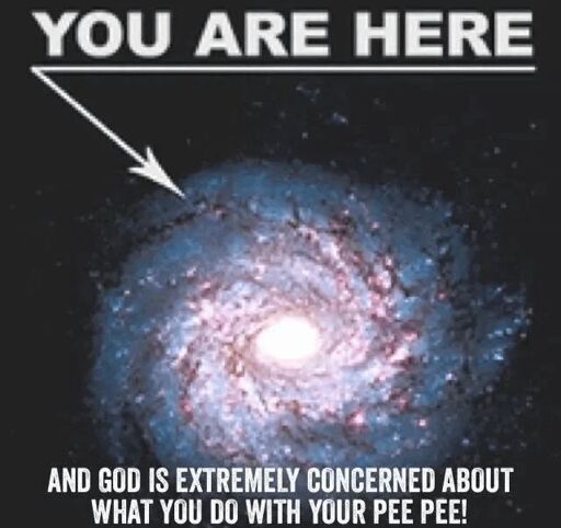 Picture of the Andromeda Galaxy, with an arrow pointing towards earth. The text for the arrow reads: "YOU ARE HERE". And the bottom text reads: "AND GOD IS EXTREMELY CONCERNED ABOUT WHAT YOU DO WITH YOUR PEE PEE!"